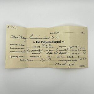 1943 The Pottsville Hospital Receipt, Pottsville Pennsylvania